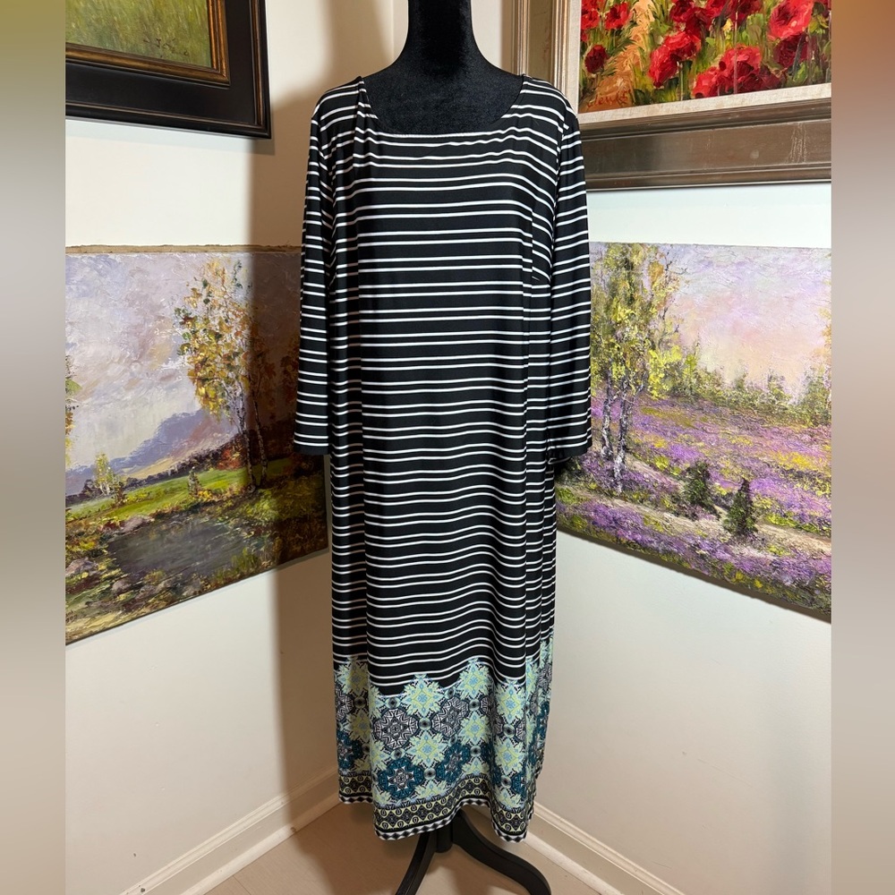 CJ Banks Black and White Striped Dress with Floral Hem